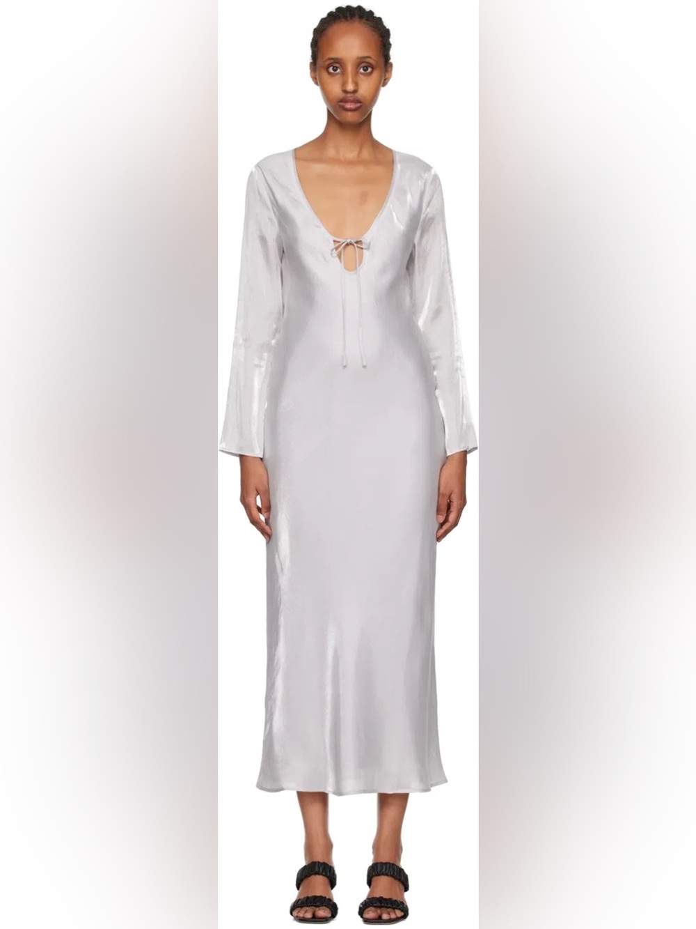 THIRD FORM Silver Untamed Bias Long Sleeve Front Tie Dress Size 6